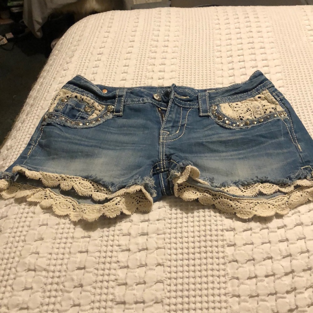 Blue Denim Jean Shorts with Lace Trim